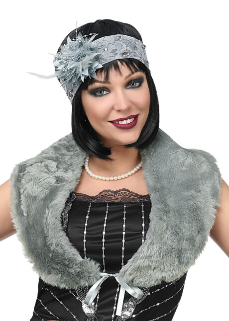 étole années 30, accessoire années 30, bandeau à plumes, bandeau années 30, accessoires années 20, Accessoires Années 20, Etole avec Bandeau à Plumes, Gris