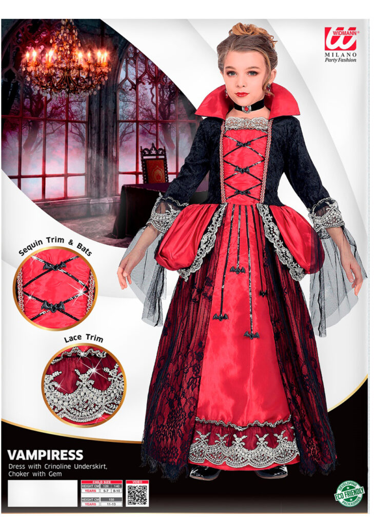 ITJMRJP Vampire Girl Costume, Halloween Costume Child Vampire with Necklace, Halloween Girl Costume, Vampire Dress for Halloween Carnival Cosplay