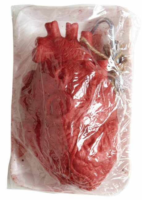 faux coeur, coeur factice, coeur halloween, Faux Cœur Sanglant en Barquette de Boucherie