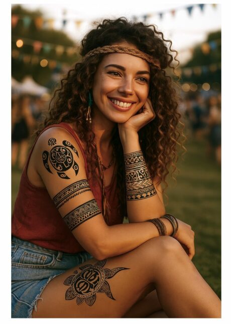faux tatouage tribal, faux tatouage tortue maori, tatouages éphémères tribal, Faux Tatouages Maori – Tortue et Tiki