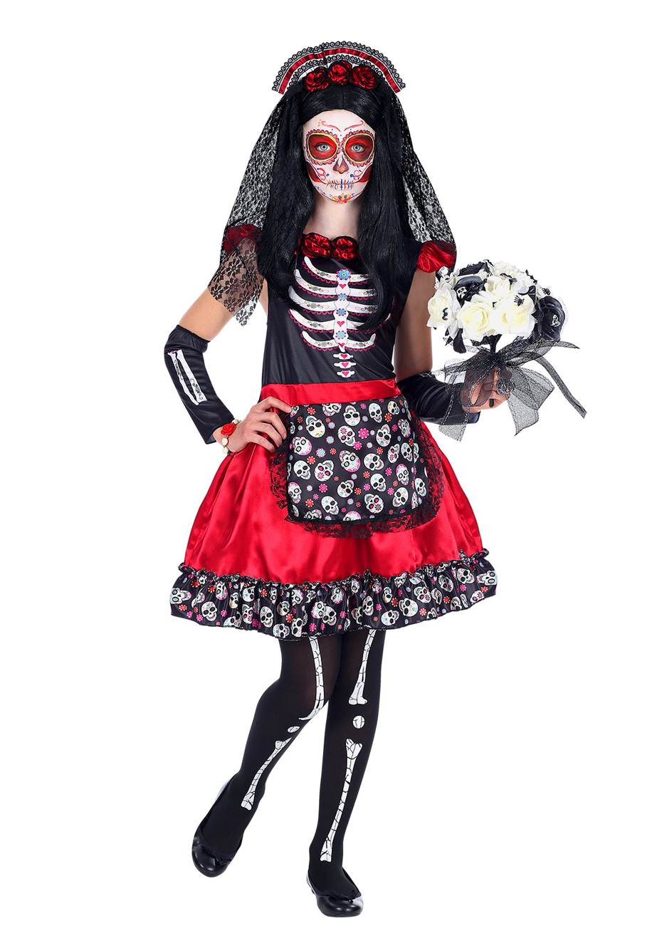 Déguisement Jour des Morts, Rouge, Fille Aux Feux de la Fête Paris