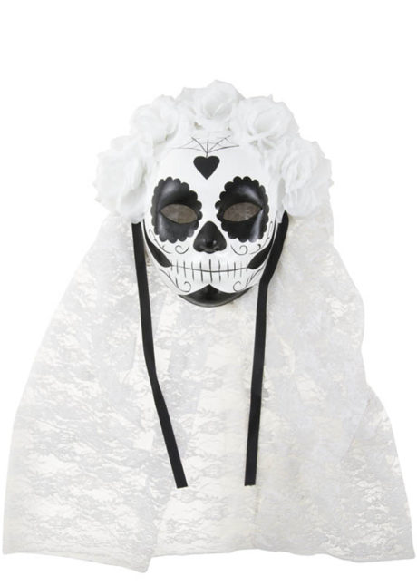 masque jour des morts, masque mort mexicaine, masque halloween, Masque Jour des Morts, Noir et Blanc avec Voile