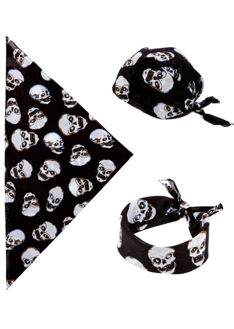 bandana tête de mort, accessoire halloween, bandana de pirates, accessoires pirates, drapeau tête de mort, bandana squelette, Bandana Têtes de Mort, Noir et Blanc