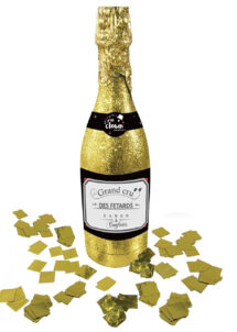 cotillons bouteille champagne, confettis bouteille champagne, canon à confettis champagne, canon à confettis cotillons réveillons, serpentins réveillon, bouteille champagne cotillons, Bouteille de Champagne, Canon à Confettis, Dorés