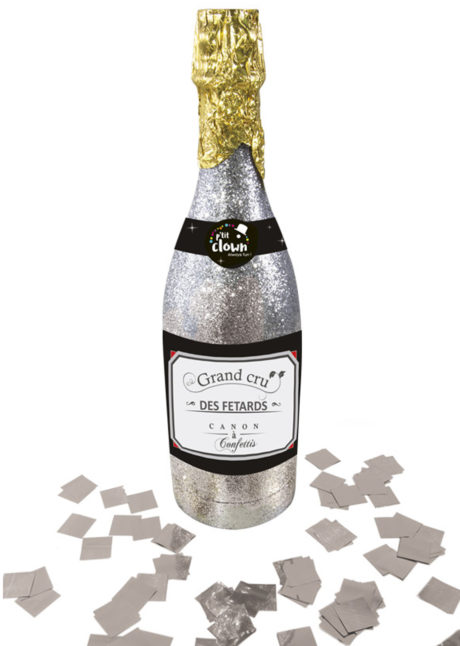 cotillons bouteille champagne, confettis bouteille champagne, canon à confettis champagne, canon à confettis cotillons réveillons, serpentins réveillon, bouteille champagne cotillons, Bouteille de Champagne, Canon à Confettis, Argent