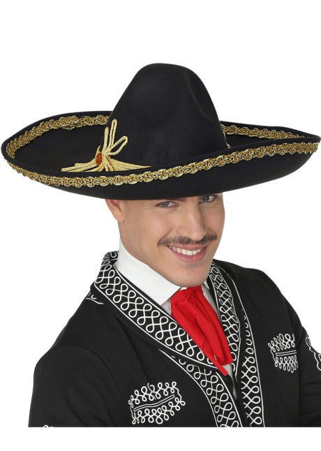 sombrero mexicain, chapeau sombrero, sombrero mexicain mariachi, Sombrero Mexicain, Noir Bordé de Doré