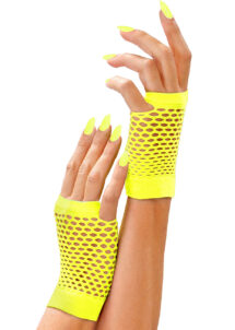 gants filet jaune fluo, gants mitaines résilles jaunes, gants années 80, Gants Mitaines en Filet Résille, Jaune Fluo