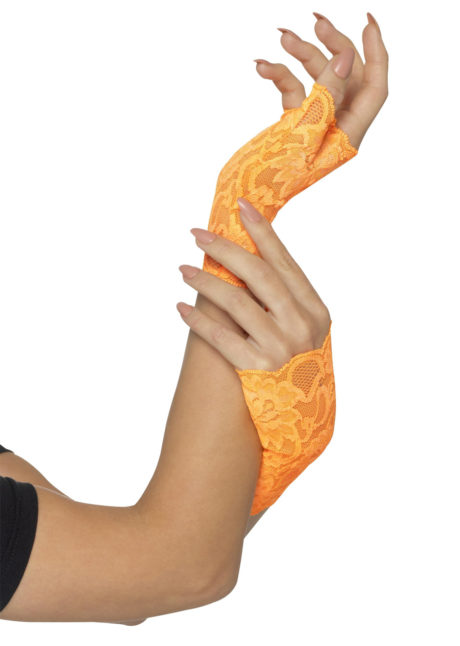 accessoire fluo, gants fluo, mitaines dentelle fluo, gants dentelle fluo, Gants Mitaines en Dentelle, Orange Fluo