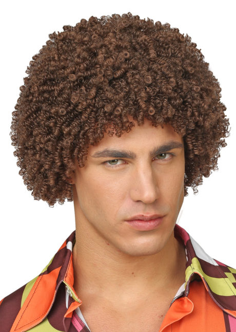 perruque disco, perruque afro châtain, perruque disco homme, Perruque Afro Courte Disco, Années 70, Châtain