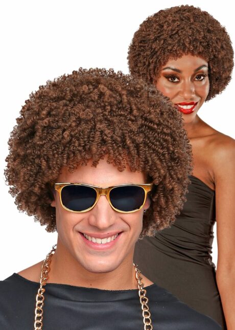 perruque disco, perruque afro châtain, perruque disco homme, perruque afro femme, Perruque Afro Courte Châtain – Disco et Années 70