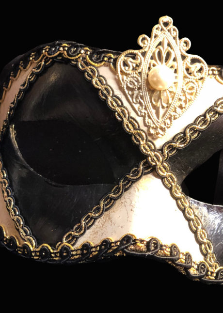 masque vénitien fait à la main, masque vénitien , masque carnaval de venise, Civette Galon Noir et Or, Médaillon, Vénitien Fait Main