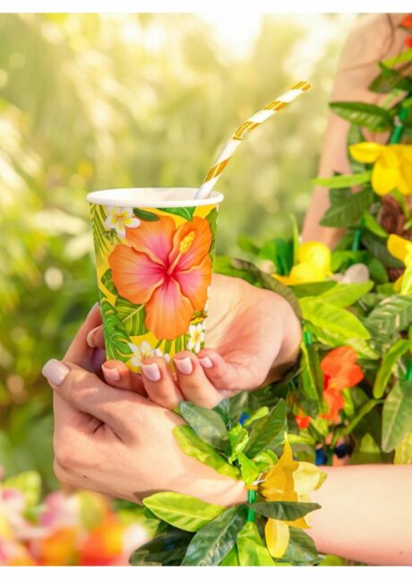 gobelets hawaï Aloha, gobelets en carton Aloha, Gobelets en Carton Hibiscus Hawaï – Fête Aloha – 270 ml