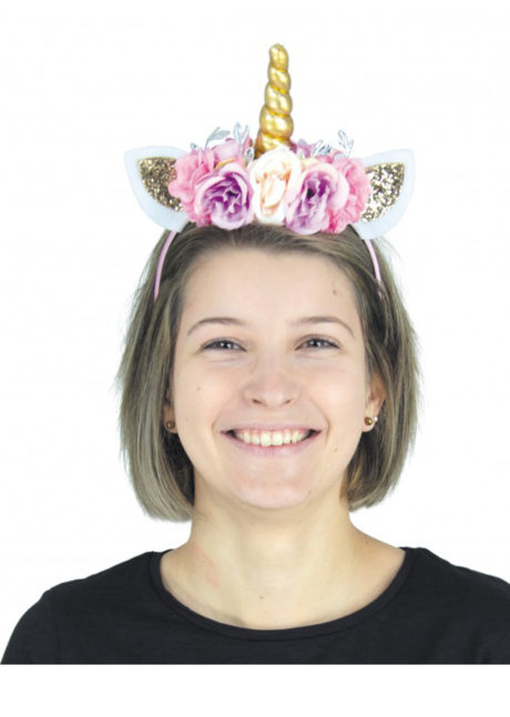 serre tête de licorne, corne de licorne, serre tête licorne et fleurs, serre tête licorne, corne licorne avec fleurs, accessoire licorne, Corne de Licorne Dorée, Fleurs et Paillettes