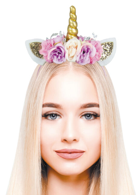 serre tête de licorne, corne de licorne, serre tête licorne et fleurs, serre tête licorne, corne licorne avec fleurs, accessoire licorne, Corne de Licorne Dorée, Fleurs et Paillettes