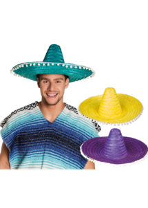 sombrero mexicain, chapeau de mexicain, chapeau déguisement mexicain, accessoire mexicain, sombrero en paille, Sombrero Mexicain avec Pompons, Vert, Violet, Jaune