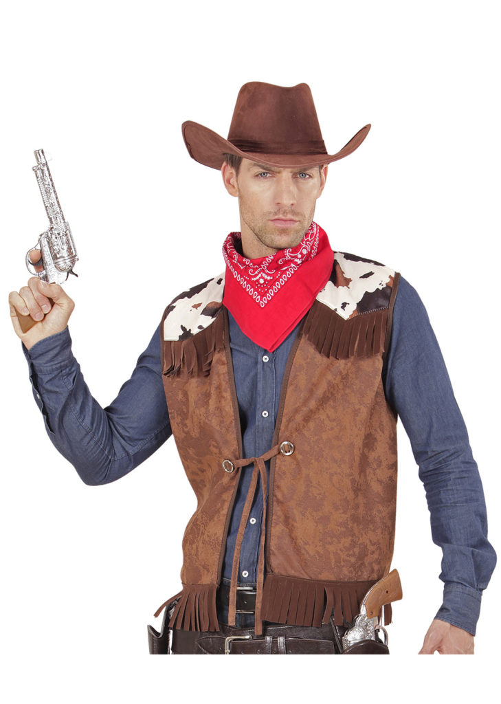 Gilet De Cowboy – Marron Effet Daim, Imprimé Vache Et Franges
