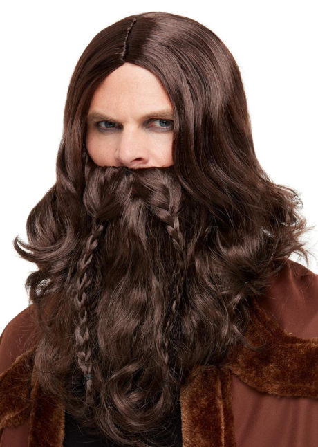 perruque médiévale, perruque viking, perruque avec barbe, perruque longue homme, perruque de viking, Perruque Viking avec Barbe, Châtain