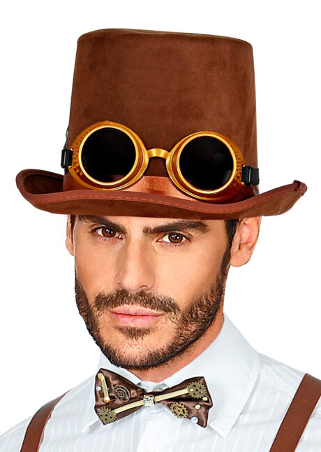 chapeau steampunk, accessoire steampunk, chapeau haut de forme, lunettes steampunk, Chapeau Haut de Forme Steampunk, avec Lunettes Amovibles