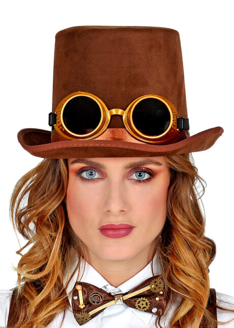 chapeau steampunk, accessoire steampunk, chapeau haut de forme, lunettes steampunk, Chapeau Haut de Forme Steampunk, avec Lunettes Amovibles