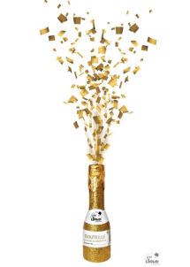 cotillons bouteille champagne, confettis bouteille champagne, canon à confettis champagne, canon à confettis cotillons réveillons, serpentins réveillon, bouteille champagne cotillons