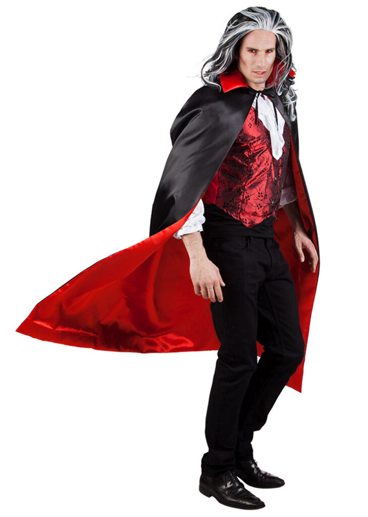 Cape Vampire Diable Réversible Noire Rouge 90cm + Cornes Et Tatouages Cicatrice - Costume Halloween Parfait