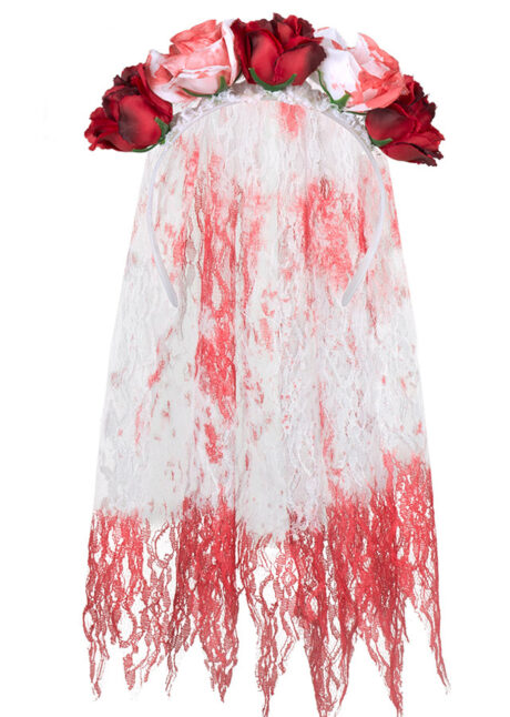 voile de mariée sanglant, accessoire halloween mariée de la mort, voile de mariée de la mort, voile de mariée faux sang, Voile de Mariée de la Mort, Roses et Faux Sang