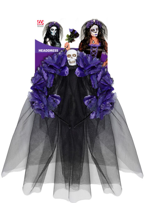 bandeau jour des morts, accessoire jour des morts, Serre tête Halloween, Bandeau à Fleurs Violettes, Jour des Morts, avec Voile