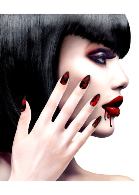 faux ongles noirs, faux ongles déguisements, faux ongles sorcière, faux ongles griffes, faux ongles halloween, faux ongles faux sang, Faux Ongles Noirs et Rouges, Adhésifs