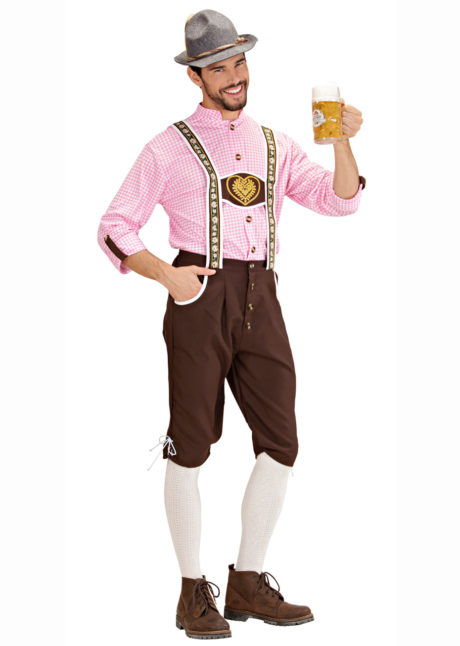 déguisement bavarois homme, costume bavarois homme, déguisement tyrolien homme, costume tyrolien homme, salopette bavaroise déguisement, déguisement homme, déguisement fête de la bière, déguisement oktoberferst, Déguisement Bavarois, Oktoberfest, avec Chemise Rose