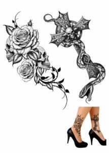 TATOUAGES SQUELETTE ET CROIX, faux tatouages gothiques, Faux Tatouages Gothiques – Crânes, Roses et Croix