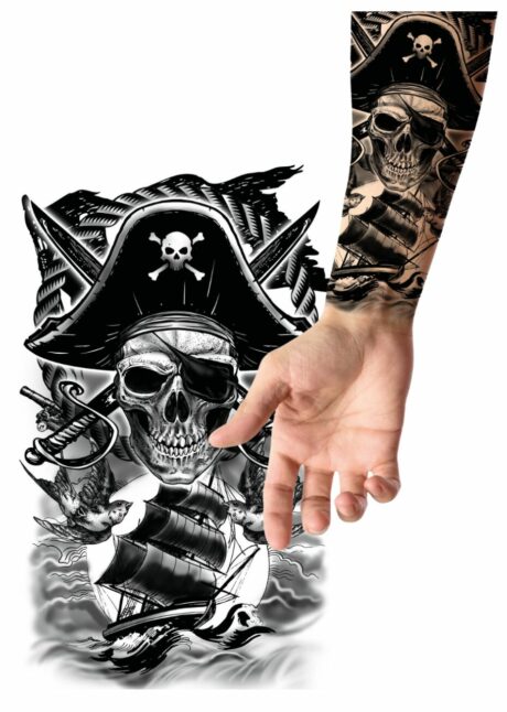 faux tatouage bateau pirate, faux tatouage pirate, tatouage temporaire, Faux Tatouage Pirate Tête de Mort et Galion