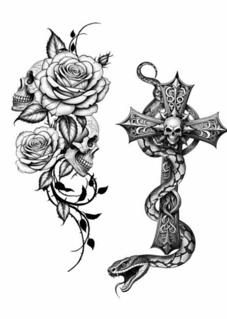 TATOUAGES SQUELETTE ET CROIX, faux tatouages gothiques, Faux Tatouages Gothiques – Crânes, Roses et Croix