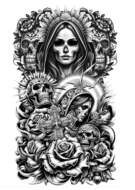 faux tatouage Halloween, tatouage éphémère, tatouage temporaire, Faux Tatouage Catrina et Crânes Mexicains
