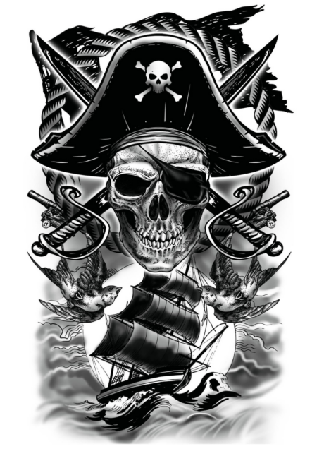 faux tatouage bateau pirate, faux tatouage pirate, tatouage éphémère, Faux Tatouage Pirate Tête de Mort et Galion