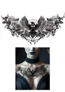 faux tatouage corbeau, faux tatouage femme, tatouage éphémère, Faux Tatouage Corbeau Gothique et Roses