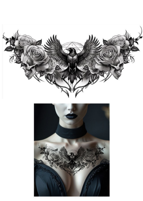 faux tatouage corbeau, faux tatouage femme, tatouage éphémère, Faux Tatouage Corbeau Gothique et Roses