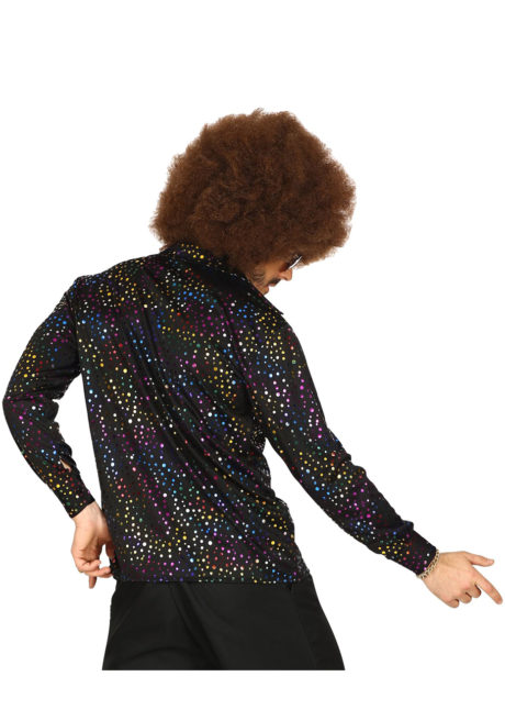 chemise disco noire paillettes multicolores, chemise disco brillante, Chemise Disco Noire à Paillettes Multicolores