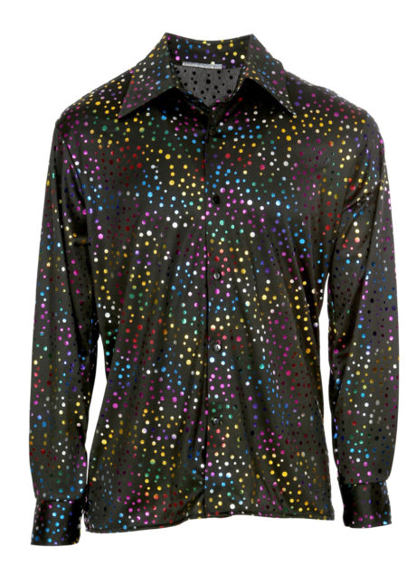 chemise disco noire paillettes multicolores, chemise disco brillante, Chemise Disco Noire à Paillettes Multicolores