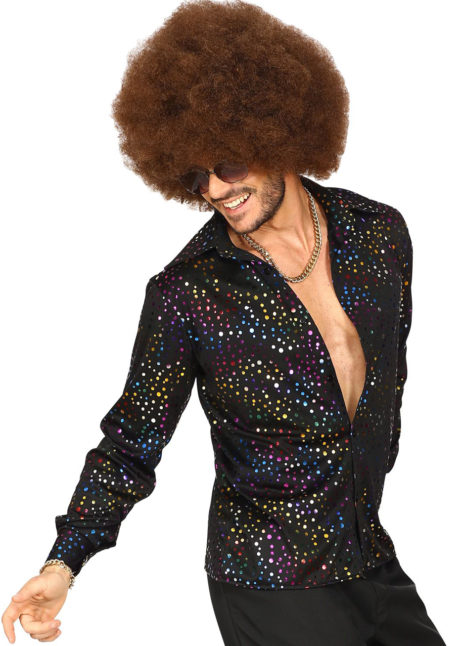 chemise disco noire paillettes multicolores, chemise disco brillante, Chemise Disco Noire à Paillettes Multicolores