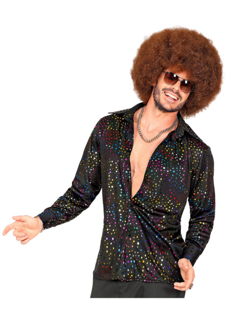 chemise disco noire paillettes multicolores, chemise disco brillante, Chemise Disco Noire à Paillettes Multicolores