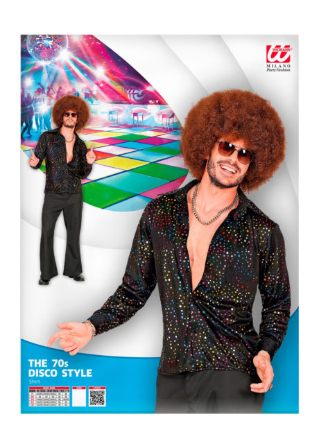 chemise disco noire paillettes multicolores, chemise disco brillante, Chemise Disco Noire à Paillettes Multicolores