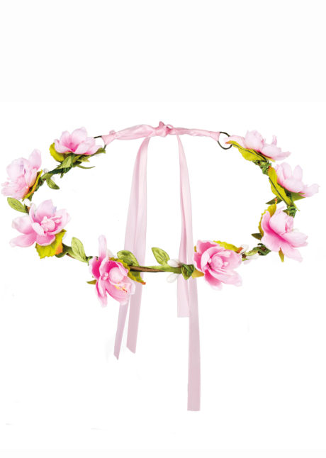 couronne de fleurs, accessoire fée déguisement, accessoire déguisement fée, accessoire hippie déguisement, accessoire déguisement hippie, accessoire couronne de fleurs, bandeau fleurs déguisement, Bandeau Couronne de Fleurs Roses, avec Feuilles