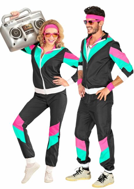 déguisement années 80 homme, déguisement survet disco, déguisement beauf, déguisement années 80 homme, déguisement années 90 homme, déguisement ringard homme, déguisement jogging homme années 80, Déguisement Années 80 Survêtement Noir et Rose