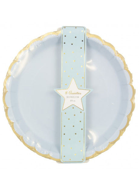 assiettes en carton, assiettes baby shower, assiettes bleues, vaisselle baby shower, assiettes jetables, Vaisselle Bleu Pastel, Assiettes Bleues et Dorées