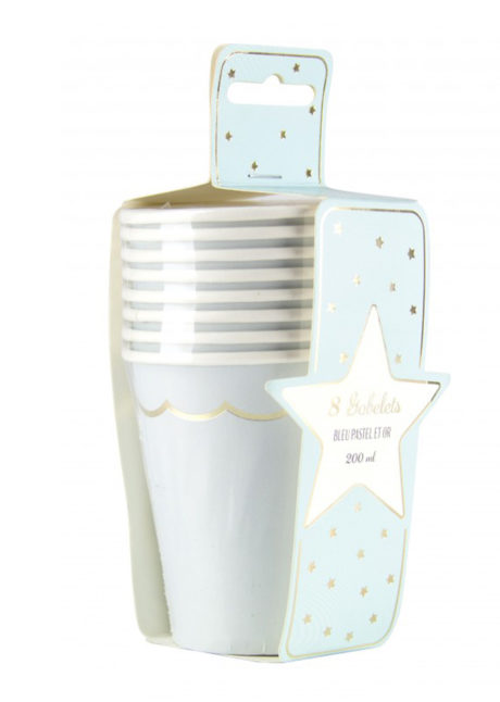 gobelets en carton, gobelets baby shower, gobelets bleus, vaisselle baby shower, vaisselle jetable, Vaisselle Bleu Pastel, Gobelets Bleus et Dorés