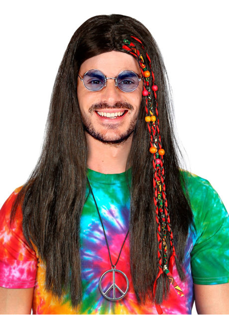 perruque hippie homme, perruque hippie noire, perruque cheveux longs homme, Perruque Hippie avec Rubans et Perles, Noire