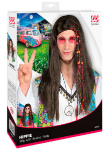 perruque hippie homme, perruque hippie noire, perruque cheveux longs homme