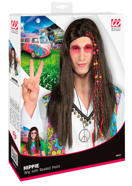 perruque hippie homme, perruque hippie noire, perruque cheveux longs homme, Perruque Hippie avec Rubans et Perles, Noire