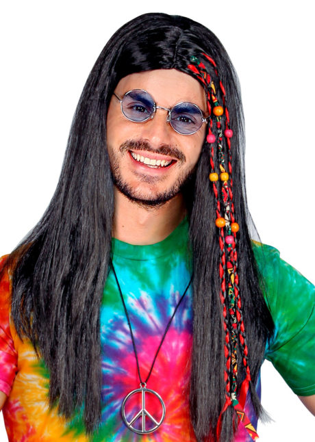 perruque hippie homme, perruque hippie noire, perruque cheveux longs homme, Perruque Hippie avec Rubans et Perles, Noire