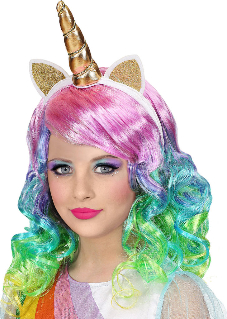Serre tête Licorne avec Perruque pour Enfant Tatouage Licorne Fille Deguisement Licorne Fille Deco Anniversaire Licorne Bandeau Oreilles et Fleurs, Accessoire pour Haloween Carnaval Fête Anniversaire